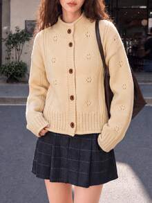 Women's Autumn Casual Gentle Minimalist Elegant Crew Neck Knit Cardigan - Yellow - View 3