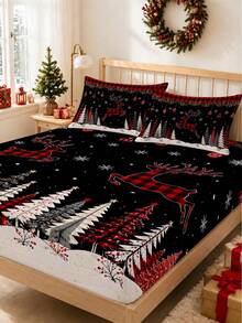 3pcs Christmas Theme Printed Bedding Set, (1PC Fitted Sheet + 2pcs Pillowcases, Without Pillow Inserts,) Polyester Digital Print, Red & Black Plaid Christmas Reindeer Pattern Bedroom Supplies, Machine Washable, Bedroom Holiday Home Textile Products - Multicolor - View 7