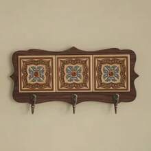 1pc Vintage Inlaid Tile Wooden Wall Hook Rack, Ornate Scalloped 3‑Hook Wall‑Mounted Hanger, For Entryway Hallway Home Wall Dec - Multicolor - View 1
