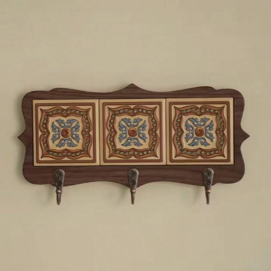 1pc Vintage Inlaid Tile Wooden Wall Hook Rack, Ornate Scalloped 3‑Hook Wall‑Mounted Hanger, For Entryway Hallway Home Wall Dec - Multicolor - View 1