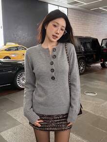 Sweater Dalaman Model Pullover Leher V Abu-abu untuk Wanita, Gaya Korea, Musim Gugur/Musim Dingin, Santai, Chic, Leher Bulat, Atasan Rajut Lapisan Dalam - Grey - View 6