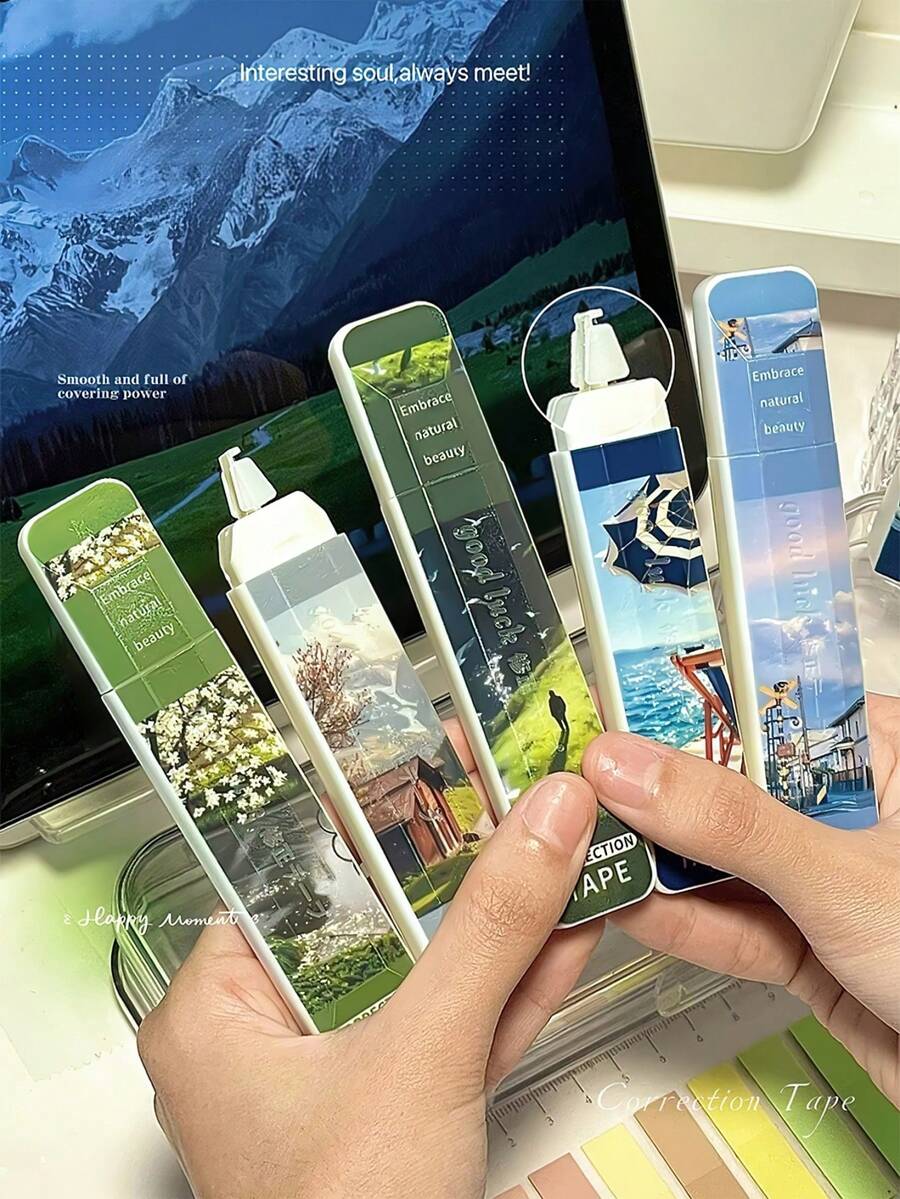 5pcs/Pack Beach House Series Pen-Style Correction Tape, Original Paper Color Large Capacity White Correction Tape, Suitable For Students, Office, Homework - Correction Tape - View 1