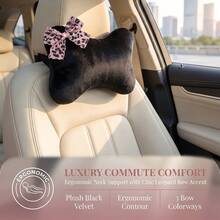 1pc Leopard Print Bow Headrest Car Neck Pillow Short Plush Headrest, Ergonomic Design, All Season Use, Women's Car Interior Accessory - A - View 5