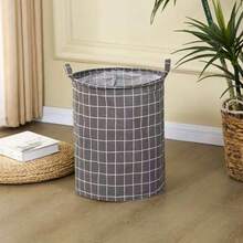 1pc Round Fabric Laundry Basket, Large Capacity Multi-Functional Storage Bin With Sturdy Handles, Classic Houndstooth Print, Suitable For Bedroom, Bathroom, Dorm, Dirty Clothes, Toys, Blankets Organizer, Home Storage Accessory - Multicolor - View 8