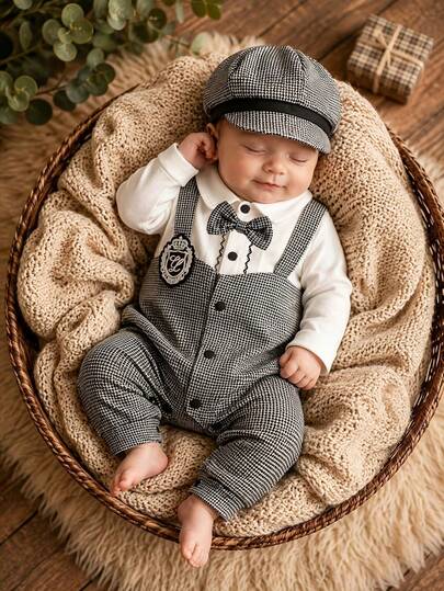 H HIBOBI Infant British Style Formal Romper & Hat Set, 1-18M Baby Boy Houndstooth Suspender Pants 2 In 1 Crawler, Long Sleeve Turn-Down Collar Bowknot Outfit For Full Moon, 100 Days, 1st Birthday Photography