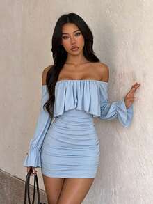 Women's Light Blue Off-Shoulder Long Sleeve Ruched Mini Dress - Blue - View 5