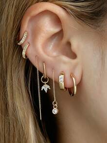 6Pcs Women Gold Ear Stacking Earrings, CZ Inlaid Huggie Hoops & Chain Threader Dangle Piercing Jewelry Gift - Yellow Gold - View 1