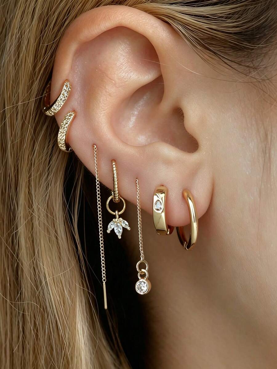 6Pcs Women Gold Ear Stacking Earrings, CZ Inlaid Huggie Hoops & Chain Threader Dangle Piercing Jewelry Gift - Yellow Gold - View 1