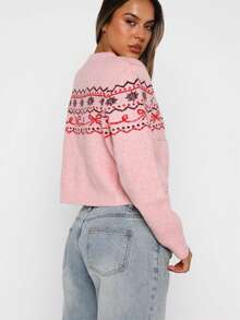 Women's Fashion Winter Knitted Christmas Long Sleeve Base Layer Top, New Autumn/Winter Soft Gentle Style Loose Fit Sweater - Pink - View 5