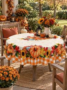 1pc Fall Pumpkin Sunflower Tablecloth, Polyester Rectangular Table Cover With Orange Gingham, Maple Leaf And Floral Border Print, Autumn Decor, Fall Home Decor, Interior Decor, Thanksgiving, Autumn Party, Interior Decoration, Kitchen Decor - Multicolor - View 7