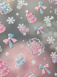 Sweet Girl Embossed Christmas Nail Stickers, Powder Blue Christmas Tree, Snowflake, Bow, Girly Style Nail Decals - Multicolor - View 3