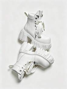 White Detachable Leg Tube Thick Sole Boots Women Punk Y2K 2-Way Wear High Tube Boots Height Increasing Motorcycle Boots - White - View 6