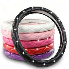 PU Leather Car Steering Wheel Cover, Inlaid Artificial Diamond Handle Cover, 14.5-15inch, All-Season Universal, Suitable For Multiple Car Models - Multicolor - View 4