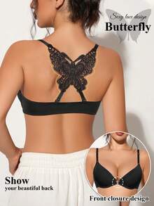 Women's Black Butterfly Lace Hollow Y-Back Bra, Front Closure Sexy Lingerie, Adjustable Spaghetti Strap, Seamless Underwear For Backless Tops - Black - View 1