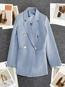 Spring/Summer Women's Solid Color Long Sleeve Double-Breasted Blazer, Notched Collar | Suitable For Dates, Parties, Outings And Holiday Celebrations - Baby Blue - View 4