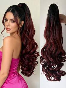 24 Inch Long Body Wave Heat Resistant Synthetic Ponytail Hair Scrunchie For Women, Daily Use, Summer Vacation Style & Valentine's Day Outfit Inspo - Burgundy - View 1
