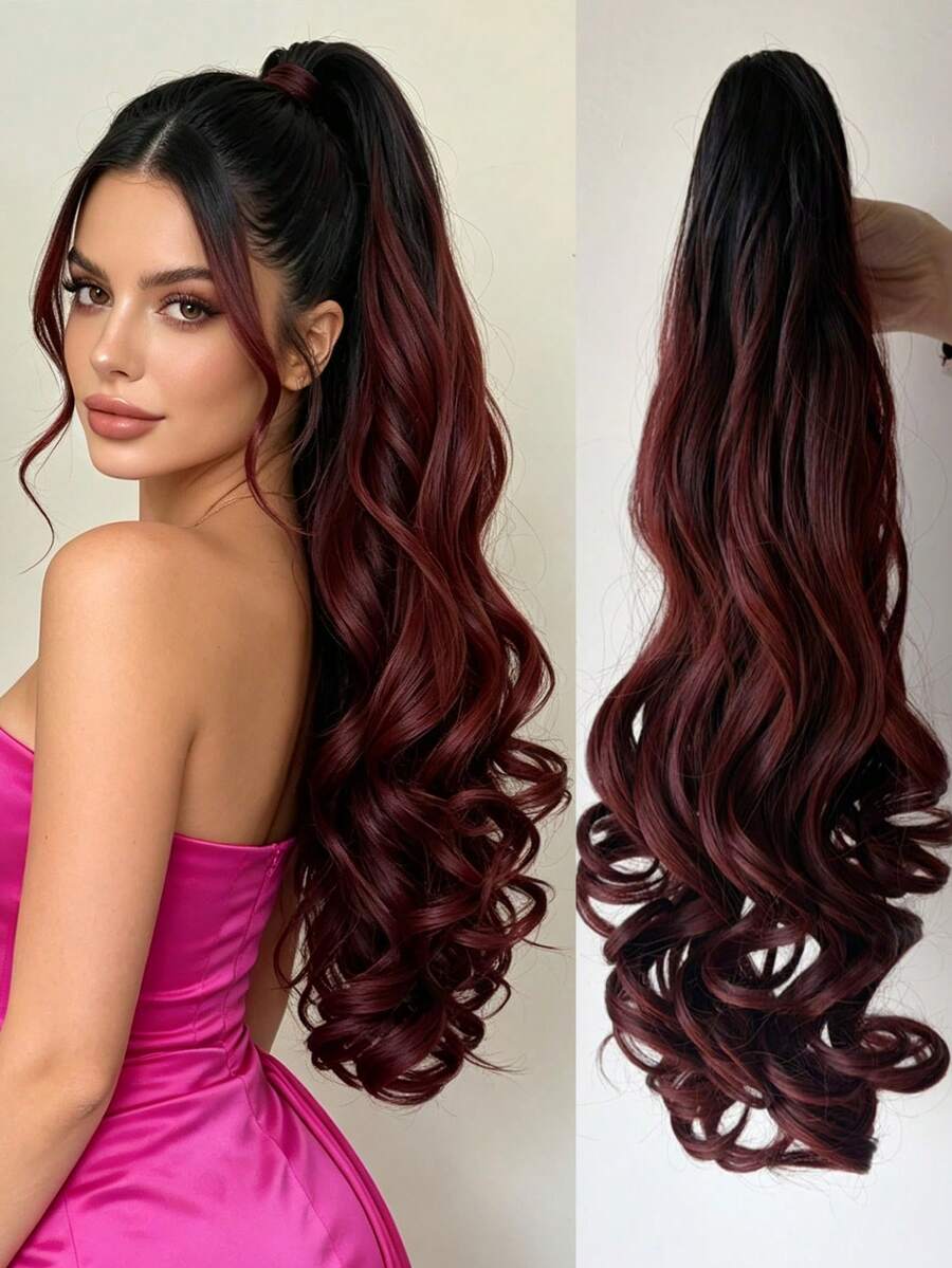 24 Inch Long Body Wave Heat Resistant Synthetic Ponytail Hair Scrunchie For Women, Daily Use, Summer Vacation Style & Valentine's Day Outfit Inspo - Burgundy - View 1