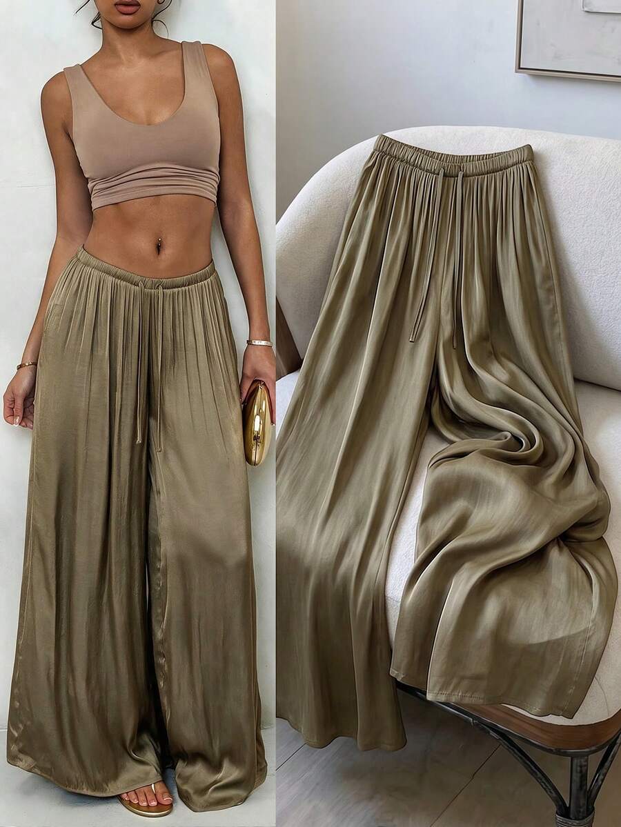 Women's Olive Green Wide Leg Pants, High Waist Elastic Drawstring Loose Draped Long Pants With Pockets, Suitable For Casual, Office, Commute, Travel And Daily Wear - Olive Green - View 1
