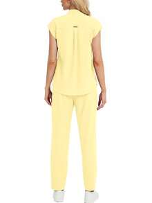 Solid Color Notch V-Neck Cap Sleeve Top And Pants Scrub Set 2 Pieces - Yellow - View 4