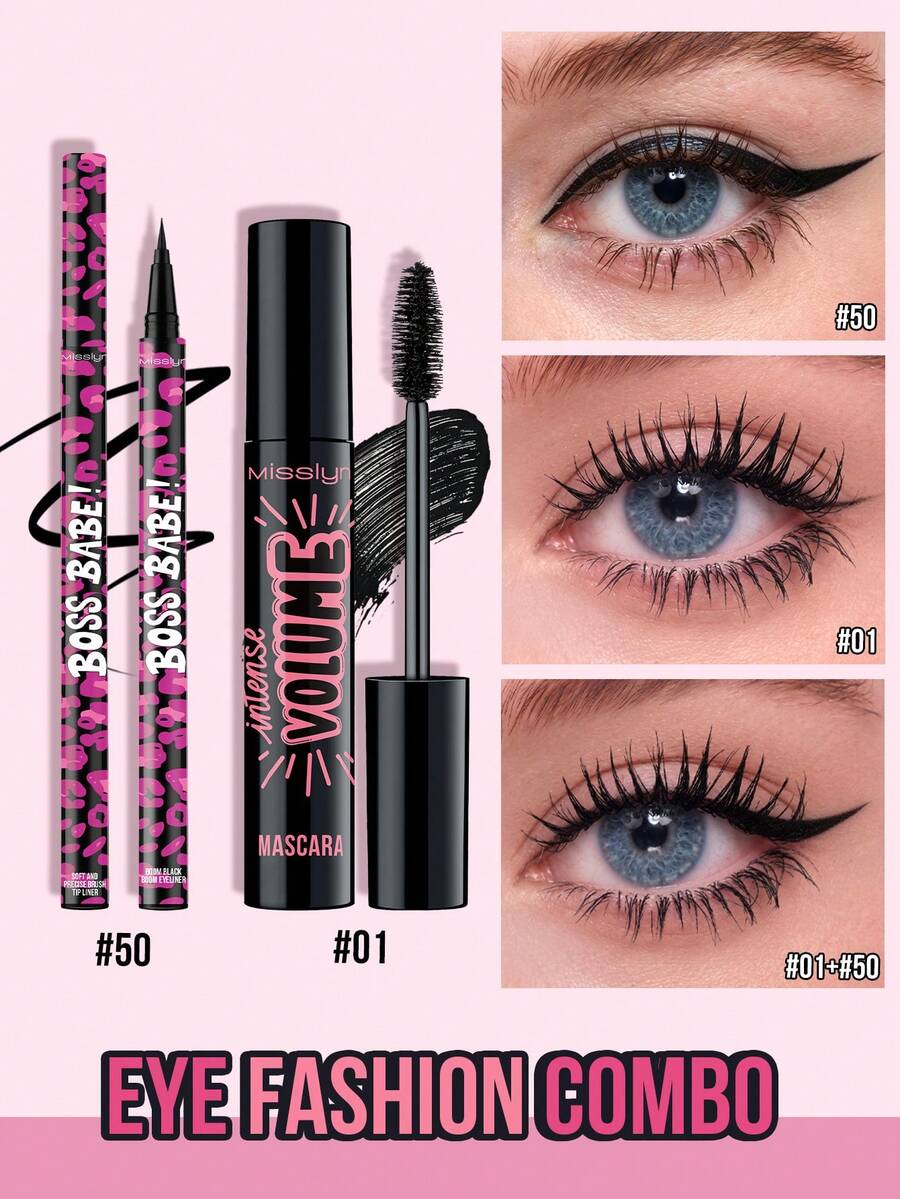 Misslyn Attractive Eyeliner & Mascara Set,2 Pcs,BOSS BABE! Boom Black Boom Eyeliner, Waterproof Liquid Ink Eyeliner, Ultra-Pigmented & Waterproof, Creates Bold & Defined Lines - #50+#01 - View 1