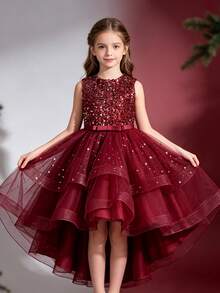 Tween Girl Sleeveless Sequin Mesh Ball Gown Princess Party Dress With Trailing, For Wedding Party - Burgundy - View 4