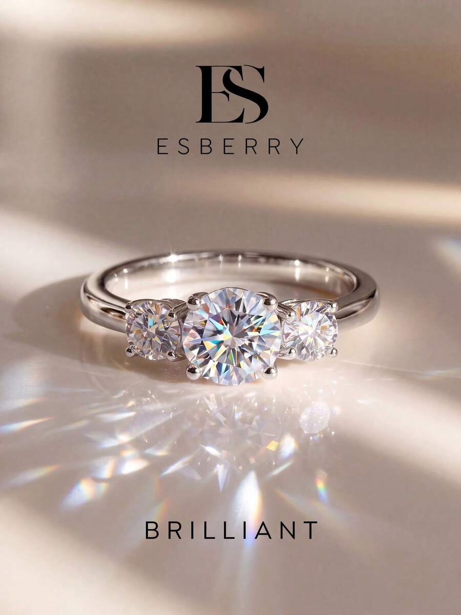ESBERRY 1件莫桑鑽戒指 經典款 1CT 三石包鑲戒圈，適合女性日常配戴與特殊場合