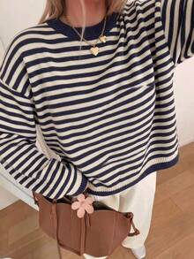 Casual Fall Clothes For Women Fashionable Crew Neck Color Block Striped Long Sleeve Knit Pullover - Royal Blue - View 6
