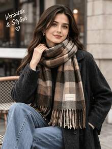 Women's Vintage Plaid Fringe Scarf, Soft Warm Faux Cashmere Shawl Scarf, Classic Plaid Fringe Neck Scarf, Suitable For Autumn/Winter Daily Wear - Khaki Stripes - View 6