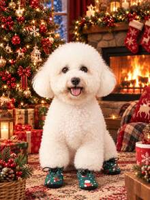 1 Set 4pcs Christmas Style Pet Shoes, Green Christmas Socks With Candy Print Fleece Lining Warm Boots, Adjustable Drawstring Non-Slip Christmas Shoes, Suitable For Small Dogs And Cats - Green - View 4
