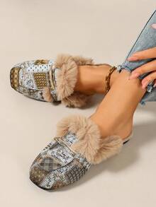 2026 Autumn/Winter Vintage Women's Closed-Toe Mule Slippers, Jacquard Fabric Faux Fur With Rhinestone Decor, Slip-On Warm Non-Chafing, Home Commute Daily Streetwear - Brownish Green - View 6