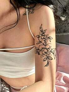7pcs Herbal Temporary Tattoo Sticker, Black‑White Line Drawing Rose Floral Pattern, Realistic Fake Tattoo Design, Suitable For Daily Wear, Bachelorette Party Favors, Music Festivals, Game Events, Graduation Gifts, Lasts 7‑14 Days - Black - View 5