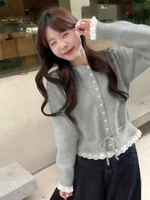 Women's Sweet Lace Trim Patchwork Drawstring Knit Sweater, Round Neck Long Sleeve Cardigan, Autumn/Winter - Gray - View 2