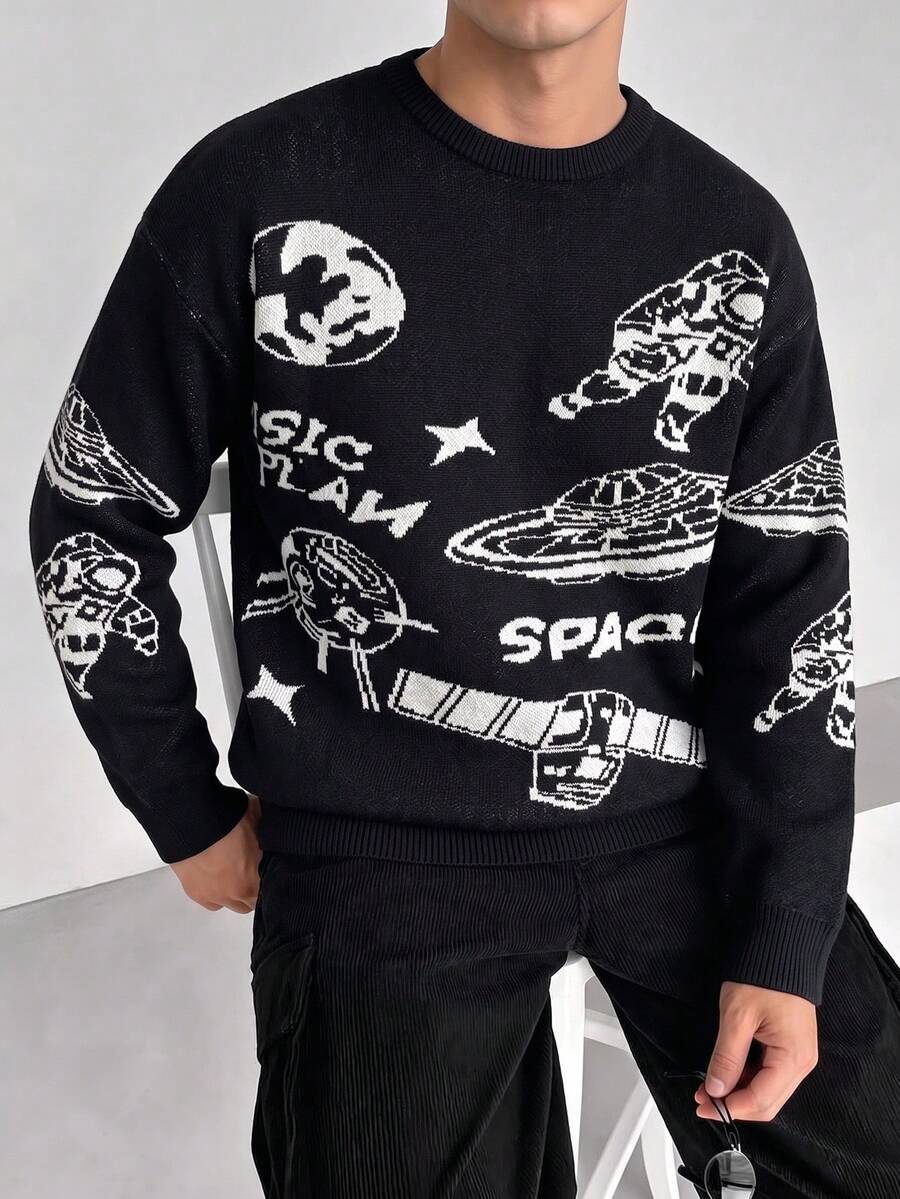 Teen Boys Soft Space Element Pattern Colorblock Design Sweater, Casual Loose Round Neck Knit Pullover - Black - View 1