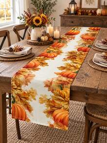 1PC Pumpkin Sunflower Fall Table Runner, Linen Autumn Harvest Tablecloth Runner With Pumpkin, Sunflower And Maple Leaf Border Print, Rustic Farmhouse Dining Table Decor For Thanksgiving Dinner, Kitchen, Dining Room, Fall Party Home Decoration - Multicolor - View 3