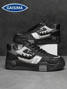 GAISIMA Men's Colorblock Patchwork Skateboard Shoes, Retro Street Style Lace-Up Thick Sole Casual Sneakers, Suitable For Daily Outdoor Wear, All-Season Unisex Design - Black - View 1