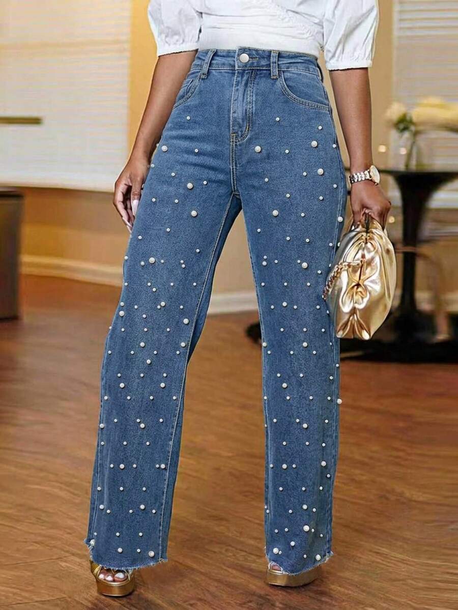 Women's Autumn/Winter Gorgeous Pearl Embellished Washed Grey Wide Leg Pants, Spring/Summer New Women's Jeans, Versatile For Daily Commute And Dating - Blue - View 1