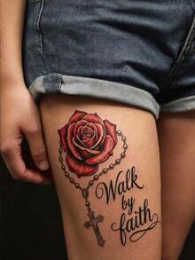 3pcs Red Rose & Black Chain Bead Temporary Tattoo Stickers, Waterproof & Long-Lasting, Suitable For Feet, Legs, Arms, Back And Full Body, Perfect For Parties, Travel And Daily Wear - Multicolor - View 2