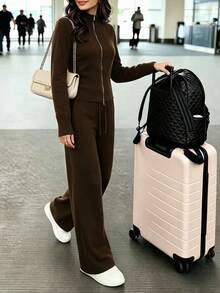 FOR BEAUTY Fall Winter Y2K Elegant Dark Brown Full Zip Up Stand Collar Knit Jacket Drawstring Wide Leg Pants Two Pieces Set Women Outfits - Coffee - View 4