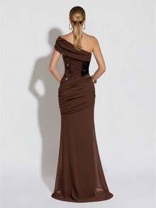 Women's Elegant Brown One-Shoulder Pleated Ball Gown, Waist Decorated With Shiny Embellishments, Long Mermaid Style Formal Dress - Coffee Brown - View 3