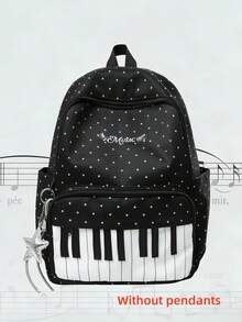 Piano Keyboard Polka Dot Backpack, Black & White Music Embroidery Large Capacity Multi-Pocket Casual Daily Use Backpack, Suitable For School, Music Class And Everyday Use - Multicolor - View 11