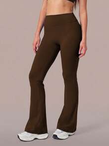 6pecil High Waist Flare Yoga Pants With Pockets, Ruched Butt-Flattering Flare Leggings, Tummy Control Anti-Wrinkle Design Sports Flare Pants - Chocolate Brown - View 5
