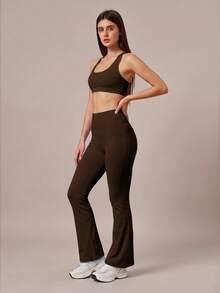 6pecil High Waist Flare Yoga Pants With Pockets, Ruched Butt-Flattering Flare Leggings, Tummy Control Anti-Wrinkle Design Sports Flare Pants - Chocolate Brown - View 9