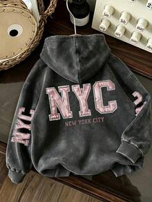 Women's Vintage-Style Raw-Edge Hoodie Featuring "NYC" Lettering And American Collegiate Aesthetics, With Prints On The Back And Sleeves. - Black - View 2