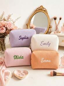 1pc Embroidered Corduroy Makeup Bag, Jewelry Storage Pouch, Customizable Letter Pattern, Personalized Bridesmaid Gift, Cute Travel Toiletry Bag, Unique Birthday Gift - Multicolor - View 7