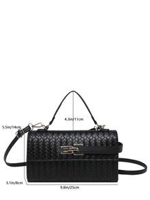 Textured Woven Handbag With Metal Lock Clasp Decor, Detachable Shoulder Strap Rectangular Evening Crossbody Bag, Suitable For Parties And Formal Events - Black - View 2