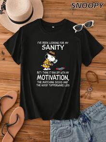 Cute Snoopy Women's T-Shirt "I'VE BEEN LOOKING FOR MY SANITY" Letter Print Crew Neck - Black - View 1