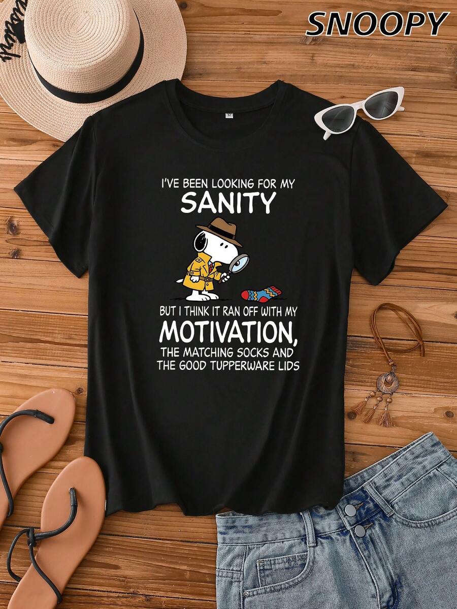 Cute Snoopy Women's T-Shirt "I'VE BEEN LOOKING FOR MY SANITY" Letter Print Crew Neck - Black - View 1