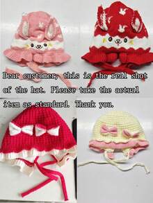 0-2 Years Old Baby Cute Knitted Hat, Bow Rabbit Ears Ruffle Edge Sun Hat, Warm Soft Crochet Tie Hat, Sweet Princess Style Infant Headwear - Multicolor - View 3