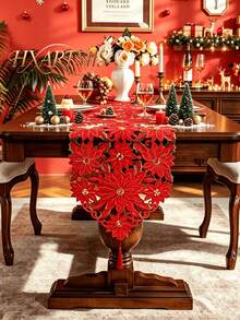 HXARTMIS 1 Buah Taplak Meja Bordir Poinsettia Merah Natal, Dekorasi Meja Makan Liburan Natal Berenda Berongga, Cocok Untuk Restoran, Pesta Dan Dekorasi Rumah - Merah - View 2