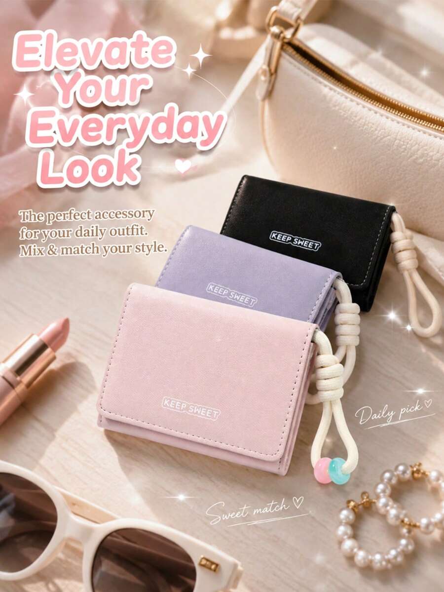 Portofel Dama Portofel Femei, Minimalist Korean Trifold Wallet, Short PU Leather Purse With Cute Beaded Rope Strap - Multicolor - View 1
